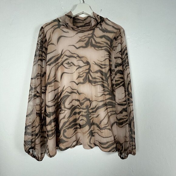 Chico's Womens Sheer Long Sleeve Tiger Print Mock Neck Blouse Top Large Brown - Picture 1 of 8